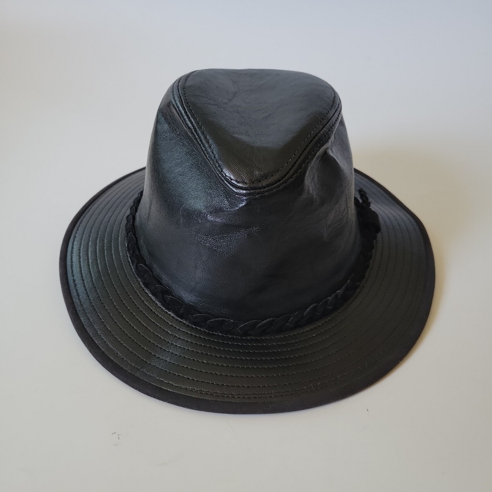 Vintage Tannery West Leather Fedora Hat Large Black Biker Edgy Moto USA Western